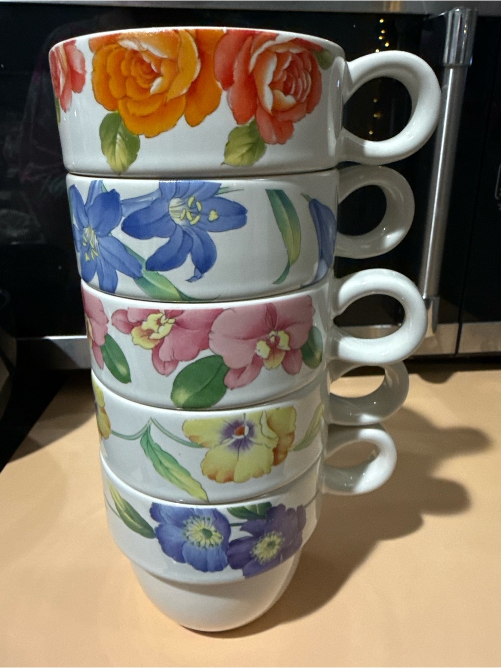 Vintage coffee mugs featuring the colorful floral Summer Blush